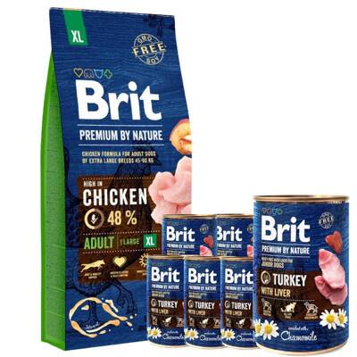 Brit Premium By Nature Adult XL avec poulet 15kg + Brit Turkey With Liver 6x400g