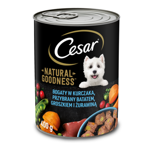 Cesar Natural Goodness riche en poulet, garni de patate douce, de petits pois et de canneberges 400g