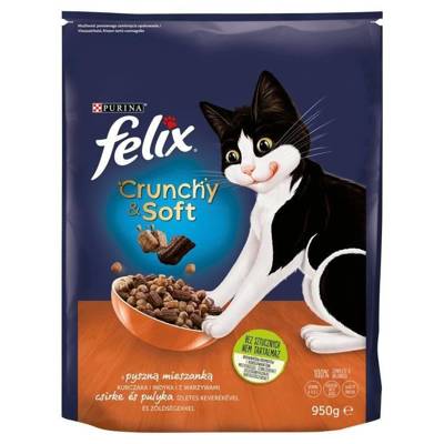 Felix Crunchy & Soft  Croquettes pour chat au poulet et à la dinde avec légumes 950g