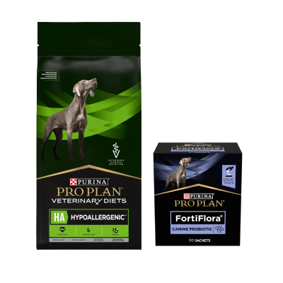 PRO PLAN Veterinary Diets HA Croquettes pour chiens hypoallergéniques 11kg + PRO PLAN FortiFlora Supplément probiotique pour chiens 30x1g