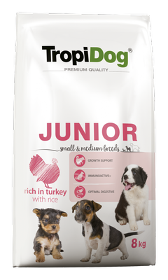 Tropidog Premium Junior Petites et Moyennes Races Saumon avec Riz 8kg+Surprise gratuite pour chien