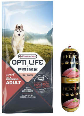 Versele-Laga Opti Life Prime Adulte Croquettes pour chien au saumon sans céréales 12,5 kg + Barre d'aliments pour chiens Premium Hektor à la volaille 900g