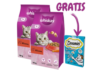 WHISKAS Adult 2x14kg - nourriture sèche pour chats avec du boeuf et des légumes + DREAMIES Creamy Salmon 4x10g GRATIS