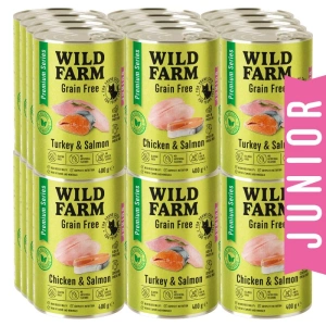 WILD FARM Premium Sans Céréales Dinde et Saumon / Poulet et Saumon Junior 24x400g - aliment sans céréales pour chatons