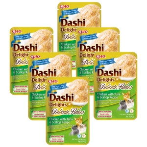 INABA Dashi Delights, flocons de poulet délicats au thon et aux pétoncles, recette 6x40 g