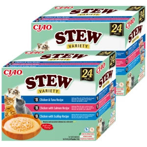 INABA Cat Ciao Stew - aliment complémentaire pour chats aux saveurs poulet, thon, saumon et pétoncles 2x(24x40g)