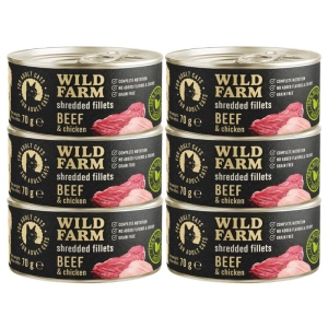 WILD FARM Filets de bœuf et de poulet 6x70 g - nourriture humide sans céréales pour chats, filet en bouillon