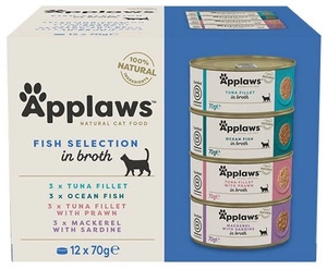 Applaws Lot de 12 boîtes de bouillon pour chats, sélection de poissons, 70 g.
