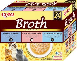 INABA Ciao Broth - aliment complémentaire pour chat bouillon au goût de poulet, saumon, thon et coquille Saint-Jacques 24x40g