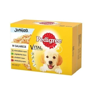 Pedigree Nourriture humide pour chiots aux saveurs mélangées de poulet et riz, agneau et riz, volaille et riz et boeuf et riz en gelée 12x100g