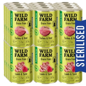 WILD FARM Premium Sans Céréales Dinde et Veau / Agneau et Thon 24x400g - Aliment sans céréales pour chats stérilisés