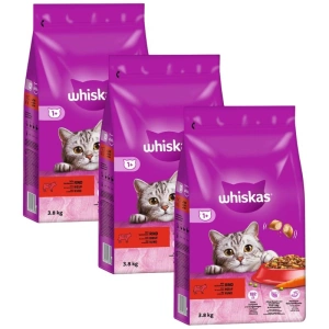 WHISKAS Adult 11,4kg (3x3,8kg) - aliment sec complet pour chats adultes, avec du bœuf délicieux