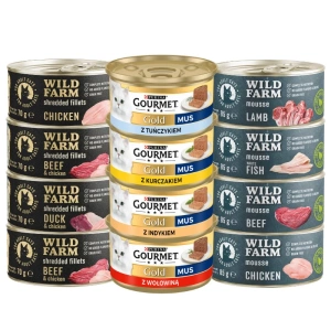 Purina Gourmet Gold mousse + WILD FARM Mélange de saveurs 8x85g + 4x70g