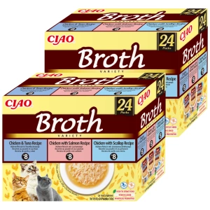 INABA Ciao Broth - aliment complémentaire pour chat bouillon au goût de poulet, saumon, thon et coquille Saint-Jacques 2x(24x40g)