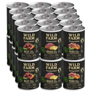 Wild Farm Monoprotein Mix Saveurs 30 x 400 g, aliment hypoallergénique pour chiens