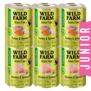 WILD FARM Premium Sans Céréales Dinde et Saumon / Poulet et Saumon Junior 12x400g - aliment sans céréales pour chatons