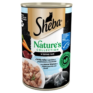SHEBA boîte de 400 g Nature's Collection - aliment complet humide pour chats adultes, avec poisson blanc et foie avec garniture de carottes, en terrine