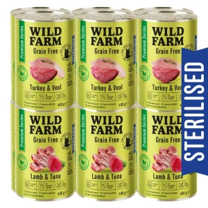 WILD FARM Premium Sans Céréales Dinde et Veau / Agneau et Thon 12x400g - Aliment sans céréales pour chats stérilisés